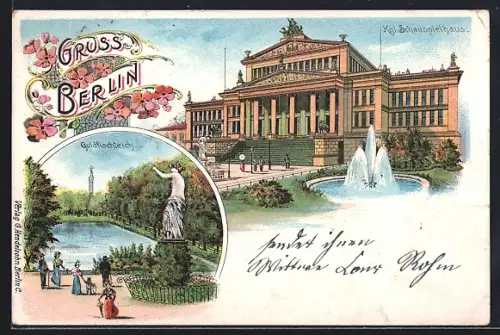 Lithographie Berlin, Königliches Schauspielhaus, Goldfischteich, Gendarmenmarkt