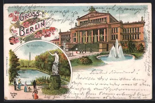 Lithographie Berlin, Königliches Schauspielhaus, Goldfischteich, Brunnen, Gendarmenmarkt