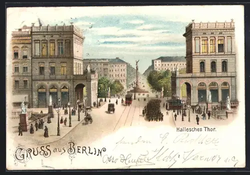 Lithographie Berlin-Kreuzberg, Hallesches Thor, Strassenbahn