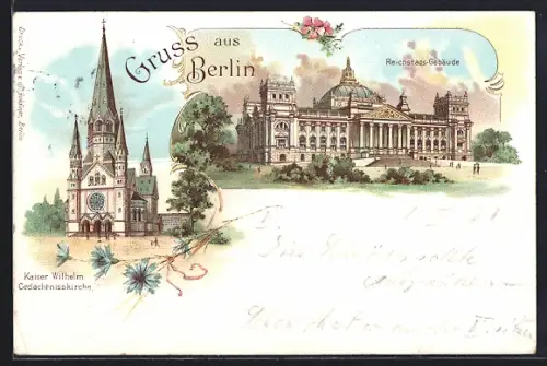 Lithographie Berlin, Reichstags-Gebäude, Kaiser Wilhelm-Gedächtniskirche