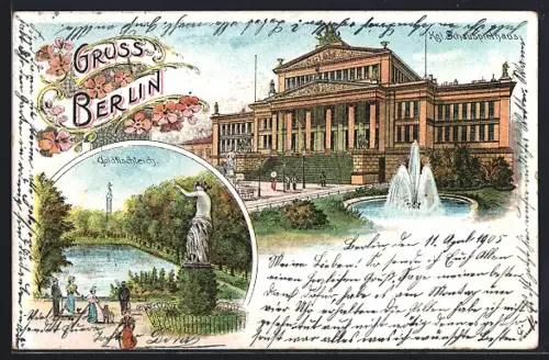 Lithographie Berlin, Schauspielhaus, Goldfischteich, Gendarmenmarkt