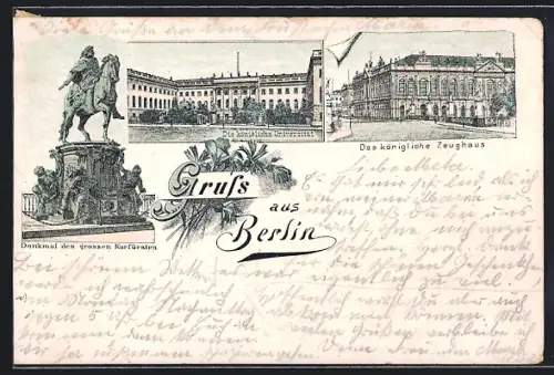 Lithographie Berlin, Denkmal des grossen Kurfürsten, Kgl. Zeughaus u. Universität