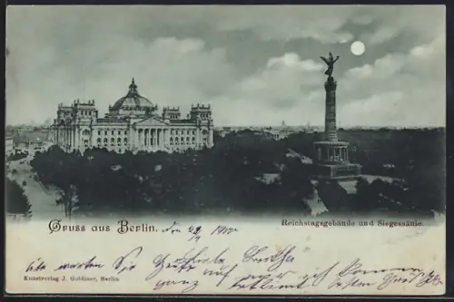 Mondschein-AK Berlin, Reichstagsgebäude und Siegessäule