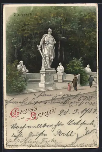 AK Berlin-Tiergarten, Spaziergänger am Albrecht II. Denkmal