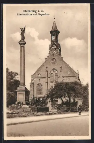 AK Oldenburg i. O., Friedenskirche und Siegessäule