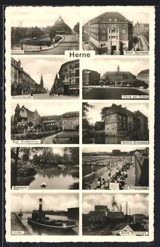 AK Herne, Bahnhof, Partie am Rathaus, Schloss Strünkede, Stadtpark