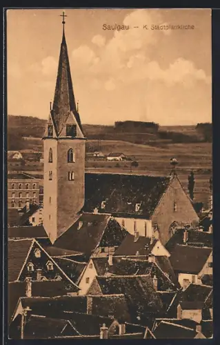 AK Saulgau, K. Stadtpfarrkirche ragt über die Dächer