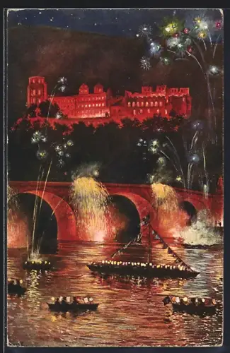Künstler-AK Heidelberg, Schloss beleuchtet bei Nacht
