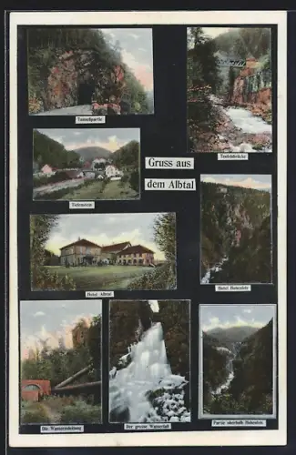 AK Hohenfels /Albtal, Hotel Albtal, Hotel Hohenfels, Tunnelportal, Teufelsbrücke, Grosser Wasserfall
