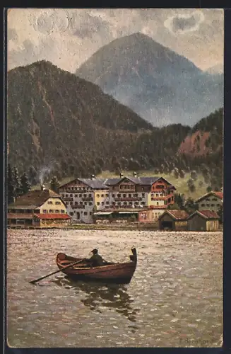 Künstler-AK Walchensee, Ruderboot auf dem See mit Ortsansicht & Alpenpanorama