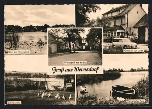 AK Wernsdorf / Königs Wusterhausen, Gasthof zur Linde, Kirche, Wernsdorfer See