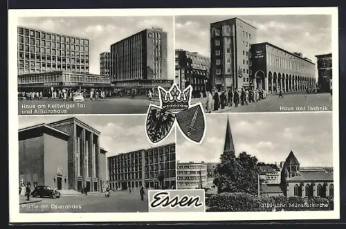 AK Essen, Haus am Kettwiger Tor, Haus der Technik, Opernhaus, Münsterkirche