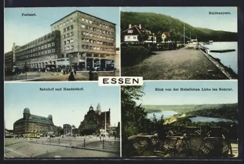 AK Essen, Postamt, Bahnhof und Handelshof, Baldeneysee, Blick ins Ruhrtal