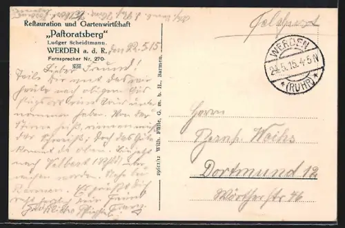 AK Werden a. d. R., Blick vom Gasthaus Pastoratsberg, Inh. Ludger Scheidtmann