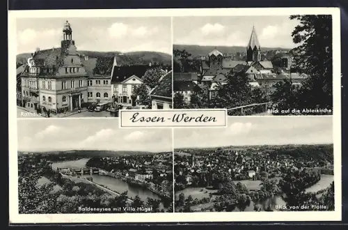 AK Essen-Werden, Rathaus, Abteikirche, Baldeneysee mit Villa Hügel, Blick von der Platte
