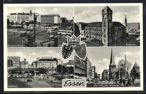 AK Essen, Porsche-Platz, Rathaus, Kettwigerstrasse mit Münster, Wappen