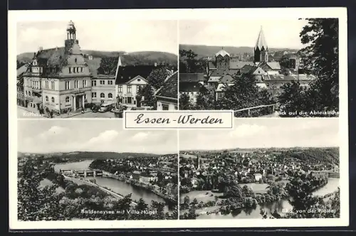 AK Essen-Werden, Rathaus, Abteikirche, Baldeneysee mit Villa Hügel, Blick von der Platte