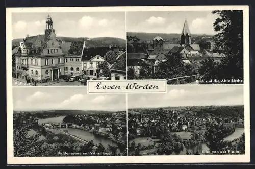 AK Essen-Werden, Rathaus, Abteikirche, Baldeneysee mit Villa Hügel, Blick von der Platte