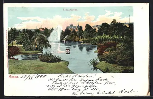 AK Essen, Stadtgarten mit Springbrunnen