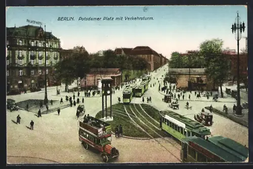 AK Berlin-Tiergarten, Palast Hotel am Potsdamer Platz mit Verkehrsturm, Strassenbahn