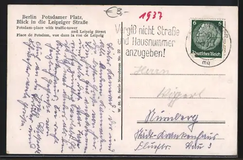 AK Berlin-Tiergarten, Potsdamer Platz, Blick in die Leipziger Strasse
