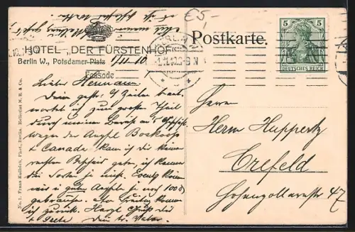 AK Berlin-Tiergarten, Hotel Der Fürstenhof am Potsdamer Platz