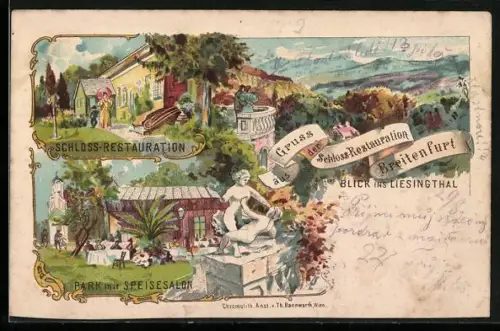 Lithographie Breitenfurt, Schloss-Restauration Breitenfurt, Blick ins Liesingthal