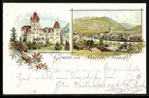 Lithographie Bruck-Fusch, Schloss Fischhorn, Ortsansicht mit Kirche