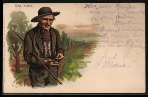 Lithographie Dachau, Dachauer in Tracht mit Münzen
