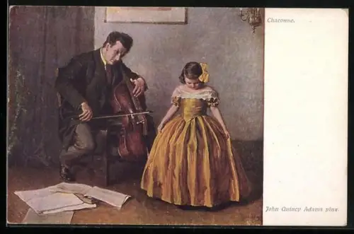 AK Chaconne, Vater spielt auf einem Cello, Tochter tanzt