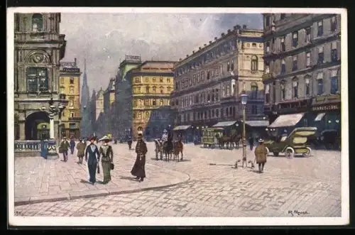 Künstler-AK Wien, Blick in die Kärntnerstrasse mit Warenhäusern