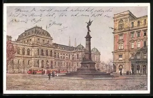 Künstler-AK Wien I, Universität und Liebenbergdenkmal, Strassenbahn