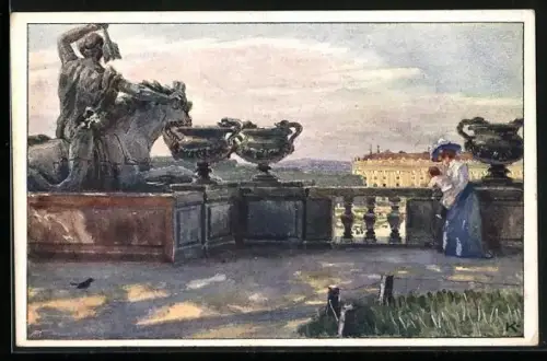 Künstler-AK J. Kalous: Wien-Schönbrunn, Partie am Neptunbrunnen