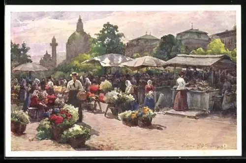 Künstler-AK Hans Götzinger: Wien, Naschmarkt, Marktstände auf dem Marktplatz