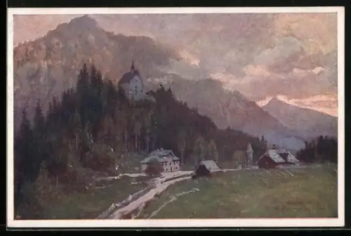 Künstler-AK Karl Ludwig Prinz: Mariazell-Ursprung, Sigmunds-Kapelle mit Strasse u. Bergpanorama