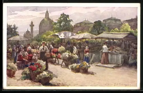 Künstler-AK Hans Götzinger: Wien, Naschmarkt, Marktstände auf dem Marktplatz