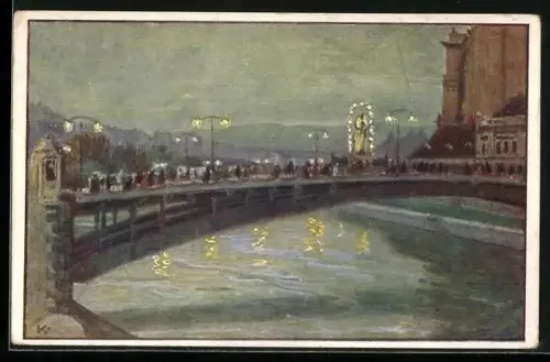 Künstler-AK Wien I, Marienbrücke bei Nacht
