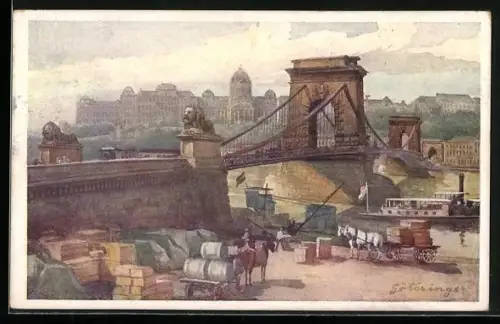 Künstler-AK Hans Götzinger: Budapest, Lánczhíd és kir. vár., Ketenbrücke mit königl. Burg