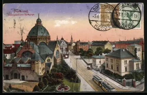 AK Dortmund, Hiltropwall mit Synagoge, Strassenbahn