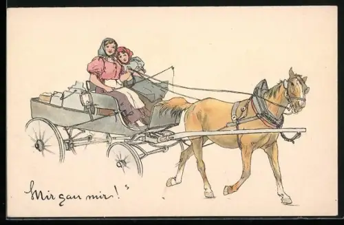 Lithographie Mir san mir!, Zwei Mädchen im Dirndl fahren eine Pferdekutsche