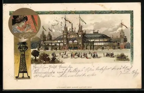 Lithographie Österreich, die festlich geschmückte Sängerfest-Halle, Harfenspielerin und eine ewige Flamme