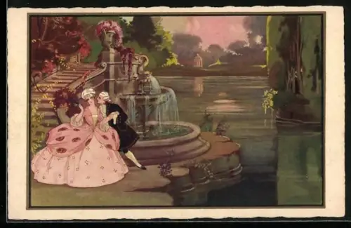 AK Paar in Park, Art Deco, Barock, Rokoko