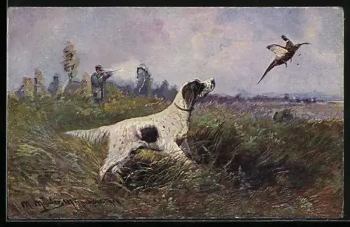 Künstler-AK M. Müller jun.: Jäger mit Jagdhund beim Schuss auf Fasan