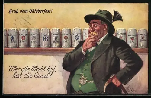 Künstler-AK Ernst Schlemo: Oktoberfest, Bayer in Tracht sthet vor verschiedene Bierkrügen