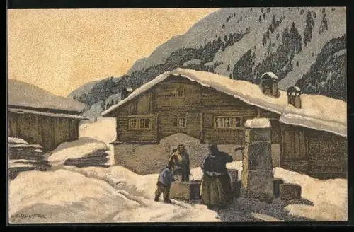 Künstler-AK Ernst E. Schlatter: Wasserholen am Brunnen zur Winterzeit