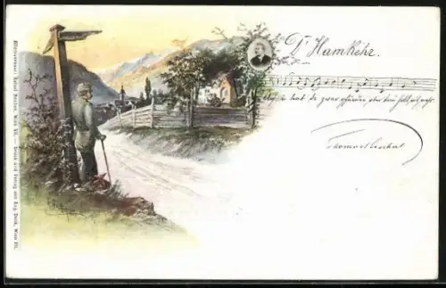 Künstler-AK E. Döcker: ein Wanderer steht an einem Wegweiser, Lied: D`Hamkehr