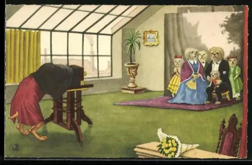 AK Vermenschlichte Tiere, Hundefamilie in festlicher Kleidung sitzt für das Familienfoto beim Fotographen
