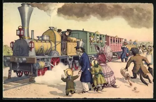AK Katzen am Bahngleis vor dem Zug, vermenschlichte Tiere