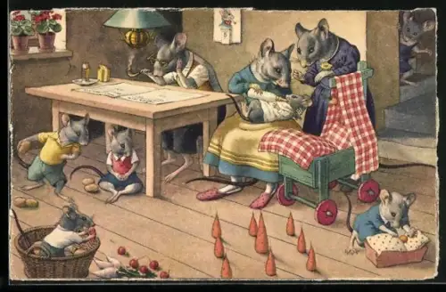 Künstler-AK sign. Eugen Hartung: Alltag bei Familie Ratte, vermenschlichte Tiere