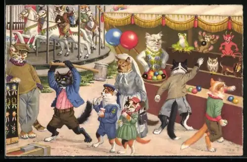 Künstler-AK Katzen am Jahrmarkt mit Karussell und Wurfbude